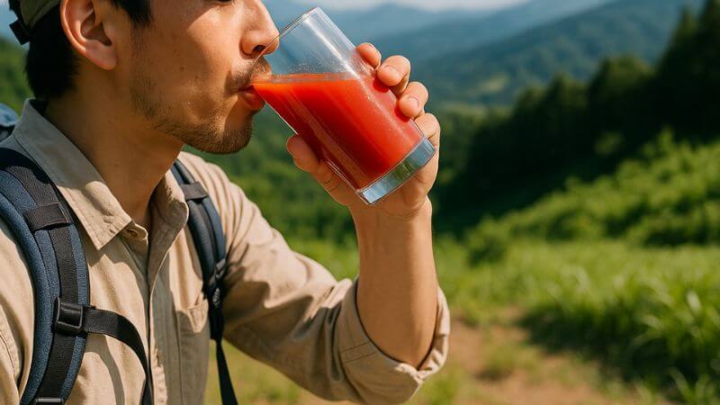 トレッキング中の水分補給にトマトジュース