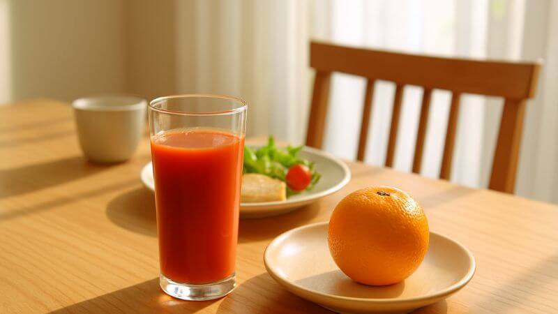 トマトジュースとオレンジの朝食