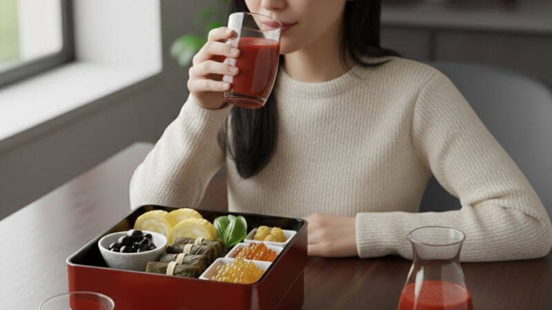 おせち料理を食べながらトマトジュースを飲む人
